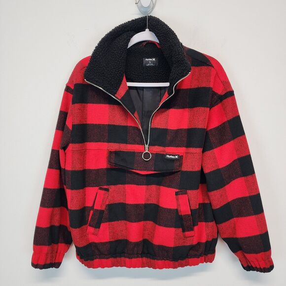 Hurley Teddy Fur Buffalo Plaid Jacket Size L Black Red 1/2 Zip Gorp Lumberjack - Picture 2 of 15